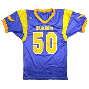 Vintage 90s Rams #50 Football Game Jersey TAG Made USA Blue Gold Adult 20x30